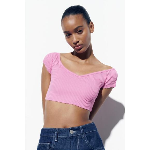 Zara Ribbed Off-Shoulder Sweetheart Knit Crop Top in Pink BarbieCore – Sz Medium - Picture 2 of 4